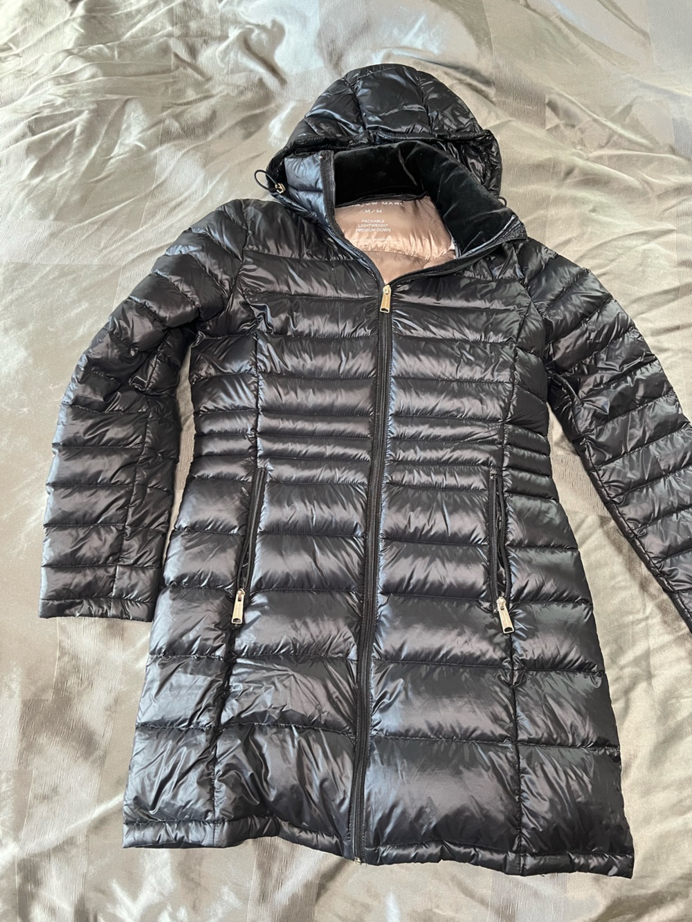 Andrew Marc Black Long Quilted Packable Puffer Coat